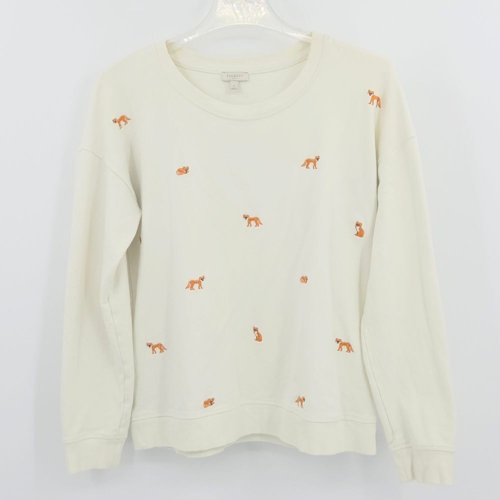 Talbots Crewneck Sweatshirt Top Womens Size Small Fox Embroidery Festive Boho
